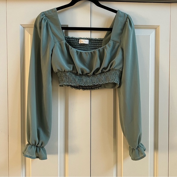 Altar’d State Sage Green Smocked Peasant Crop Top XS – Long Sleeve Puff Blouse - Picture 1 of 3